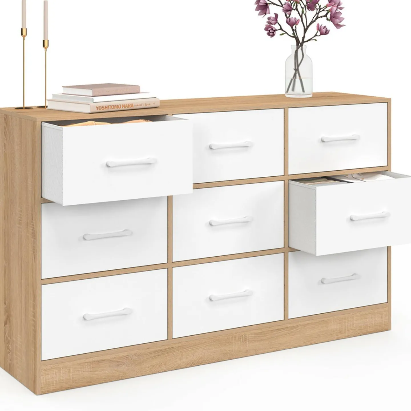 Commode 9 tiroirs en tissu 113 cm meuble de rangement bois façon hêtre et blanc*IDMarket Hot