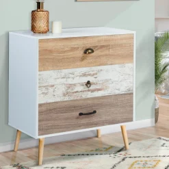 Commode blanche 3 tiroirs effet bois vieilli*IDMarket Hot