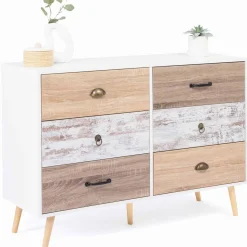 Commode blanche 6 tiroirs effet bois vieilli*IDMarket Best