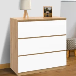 Commode bois façon hêtre et blanc 3 tiroirs 78 cm*IDMarket Best