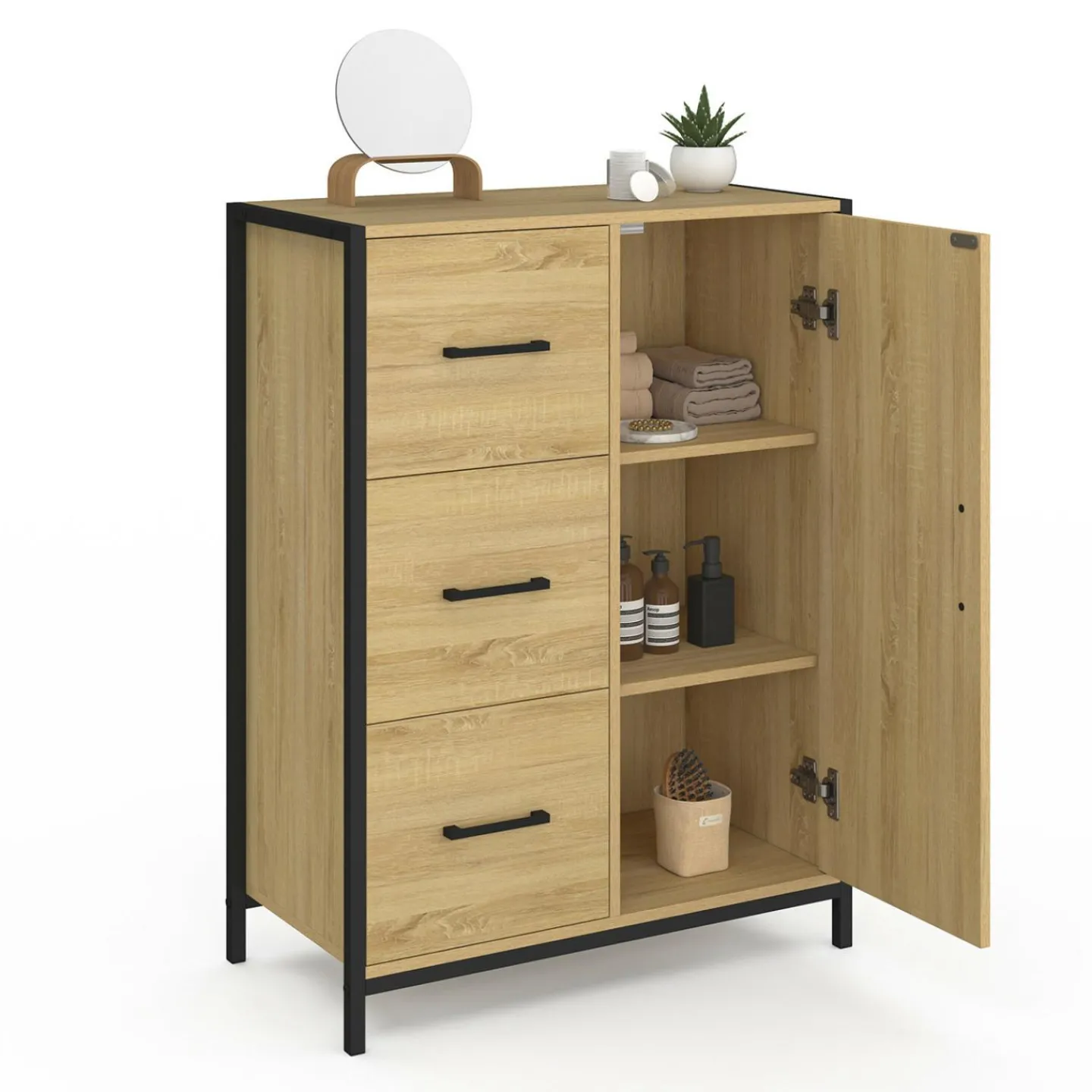 Commode de rangement salle de bain design industriel 3 tiroirs 1 placard*IDMarket