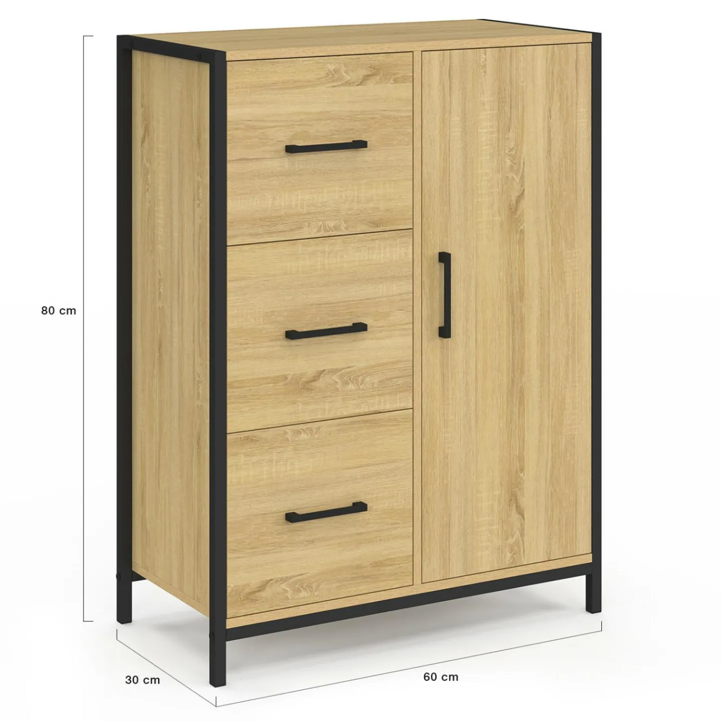 Commode de rangement salle de bain design industriel 3 tiroirs 1 placard*IDMarket