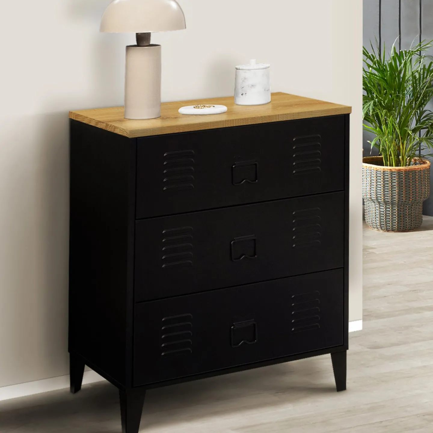 Commode industrielle 3 tiroirs métal noir et hêtre*IDMarket Sale