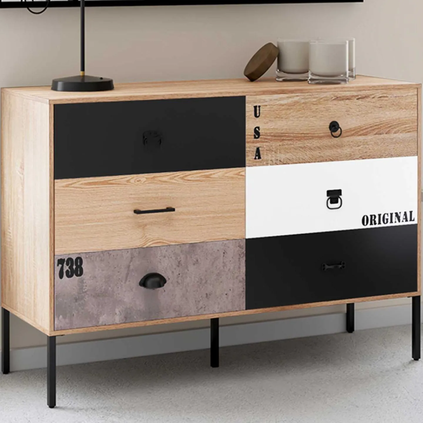 Commode industrielle 6 tiroirs dépareillés*IDMarket Hot