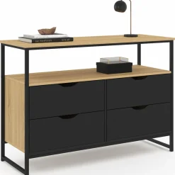 Commode industrielle noir et bois 4 tiroirs avec étagère*IDMarket