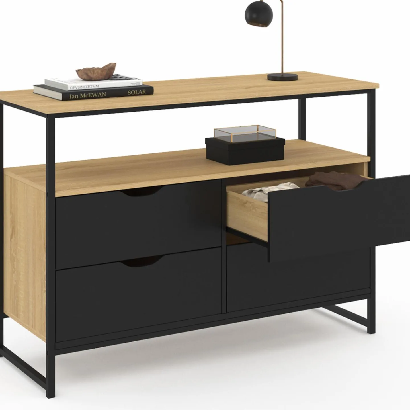 Commode industrielle noir et bois 4 tiroirs avec étagère*IDMarket