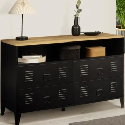 Commode industrielle portes en métal noir avec 4 tiroirs*IDMarket New
