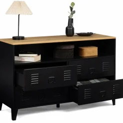 Commode industrielle portes en métal noir avec 4 tiroirs*IDMarket New