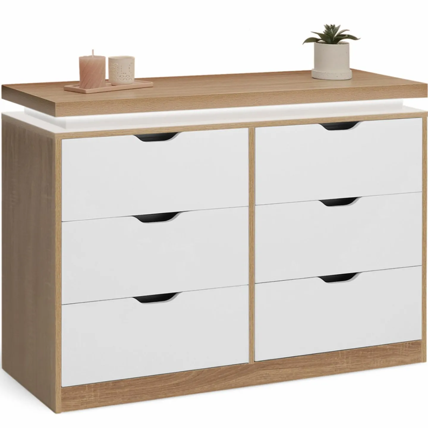 Commode LED blanche et plateau bois 6 tiroirs*IDMarket Hot
