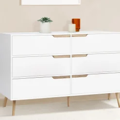 Commode scandinave 6 tiroirs blanche avec pieds en bois*IDMarket Discount