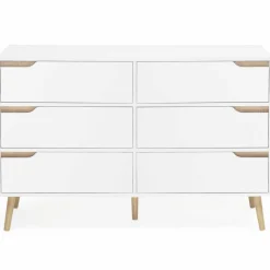 Commode scandinave 6 tiroirs blanche avec pieds en bois*IDMarket Discount