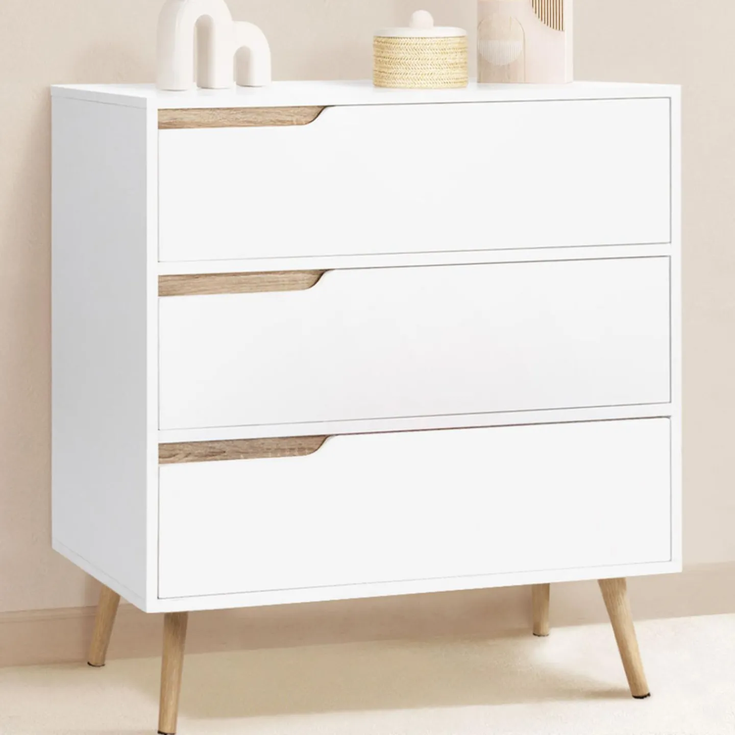 Commode scandinave blanche et bois 3 tiroirs*IDMarket Discount