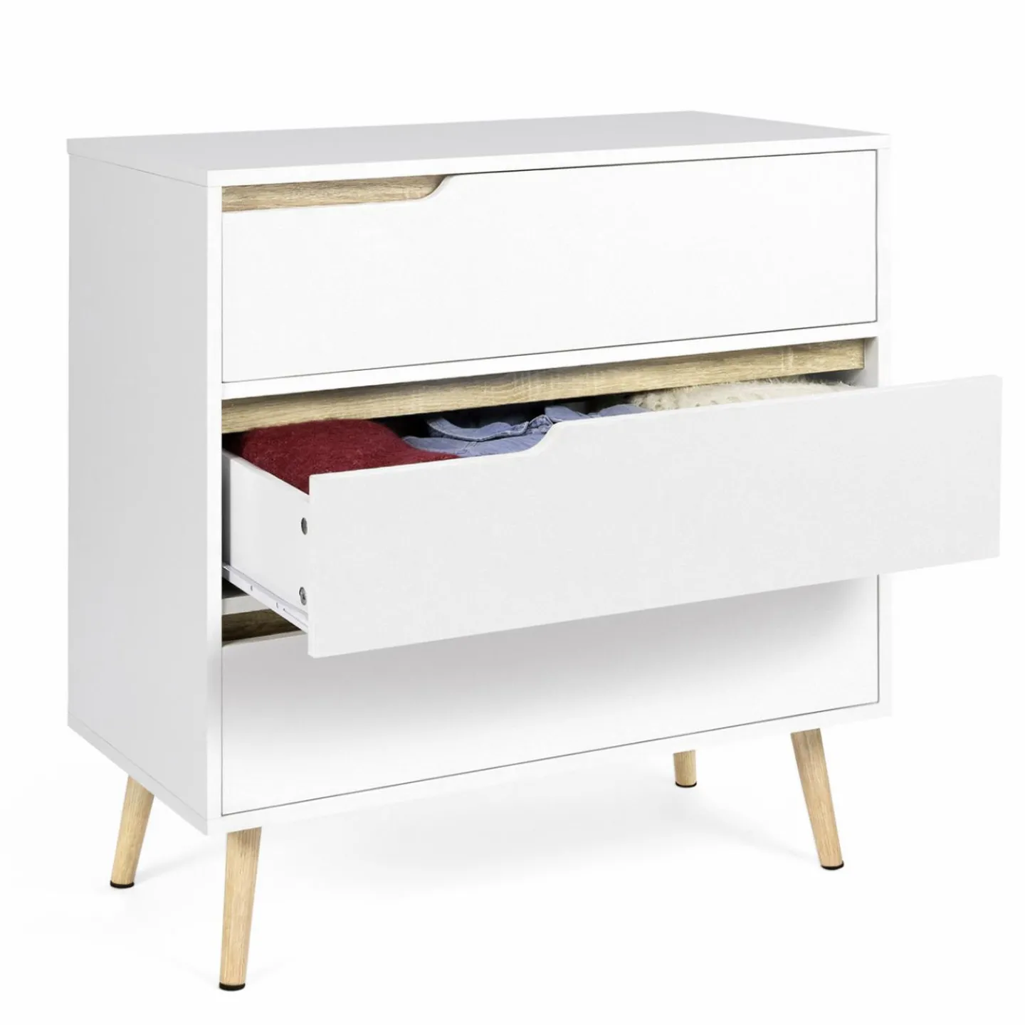 Commode scandinave blanche et bois 3 tiroirs*IDMarket Discount