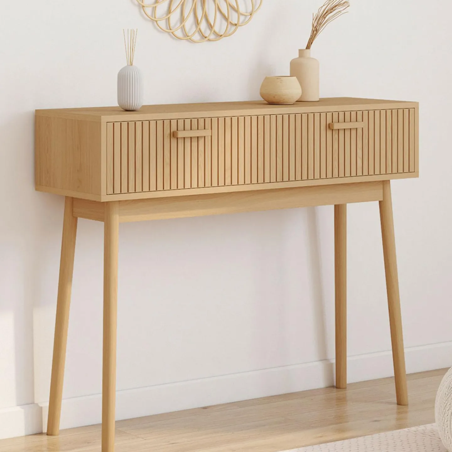 Console 2 tiroirs JULIETTE lattes tasseau bois coloris chêne*IDMarket Sale