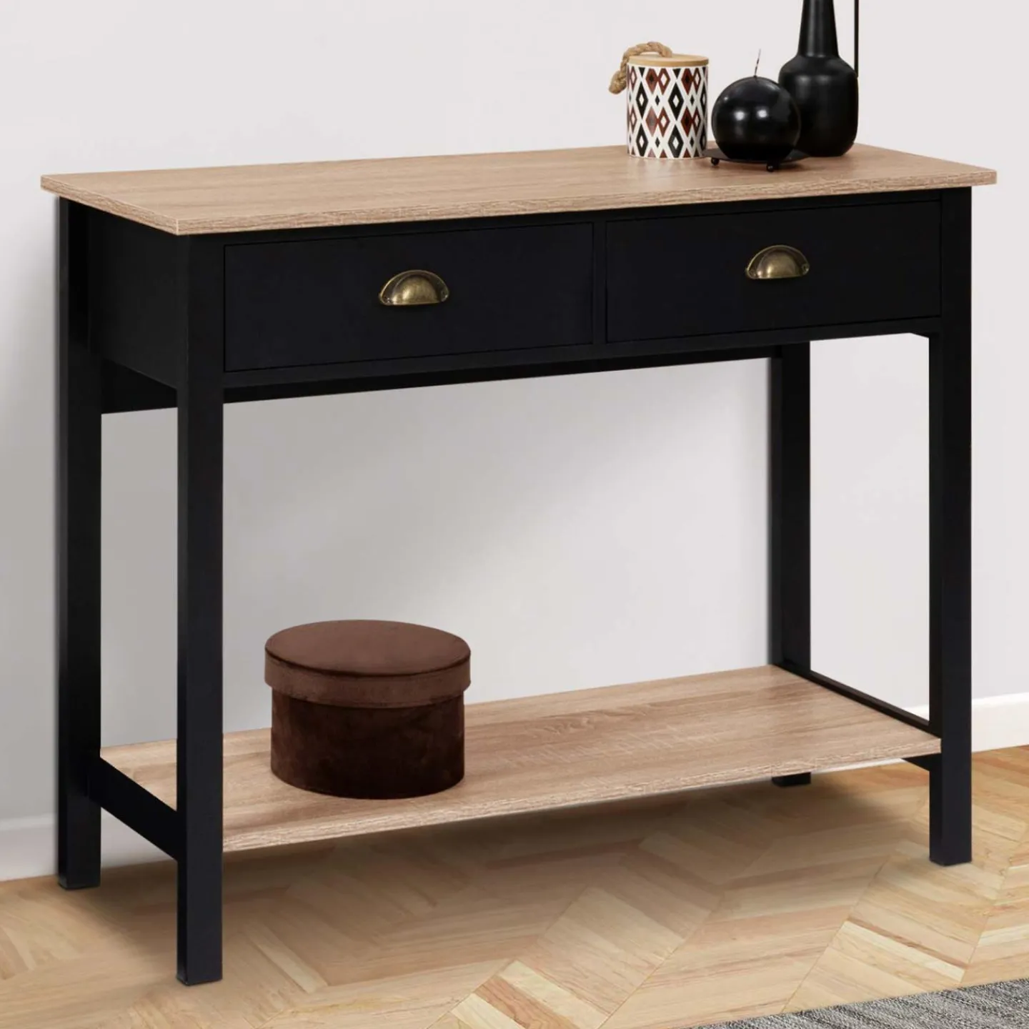 Console style campagne chic 2 tiroirs bois et noir*IDMarket Best