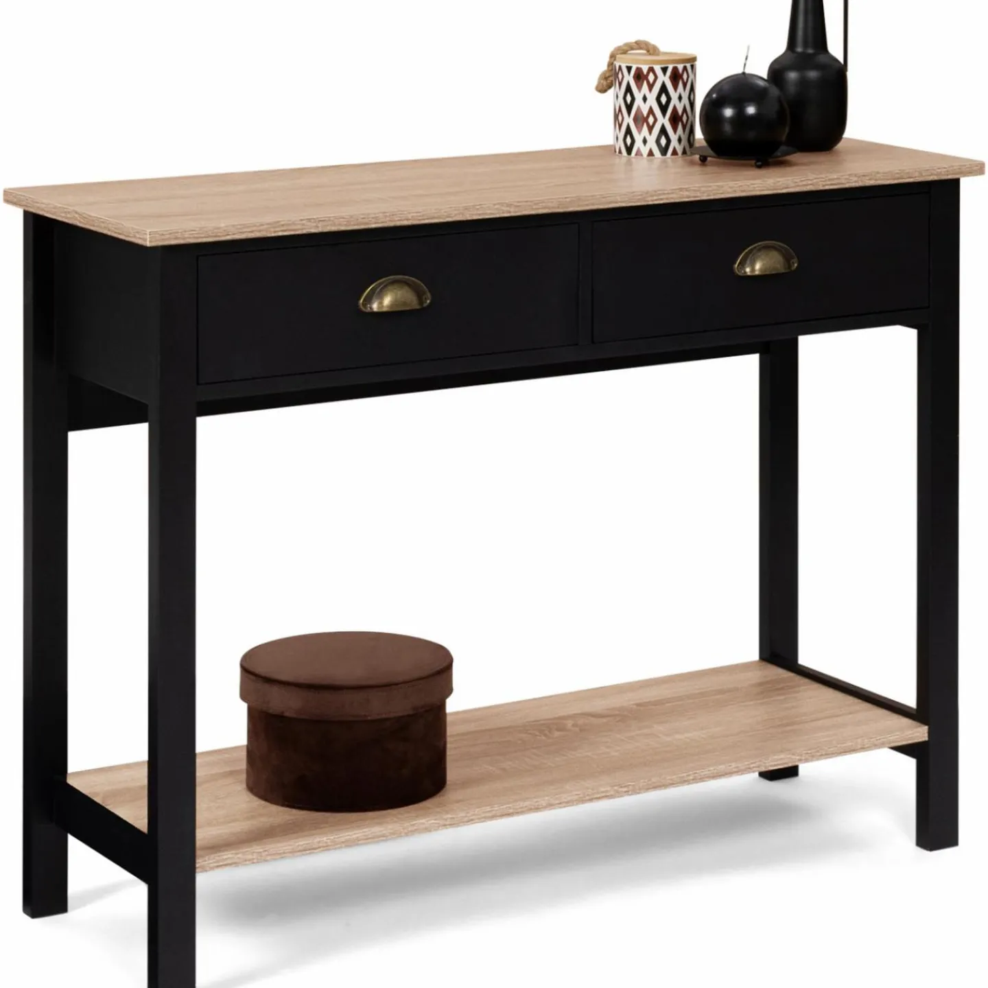 Console style campagne chic 2 tiroirs bois et noir*IDMarket Best
