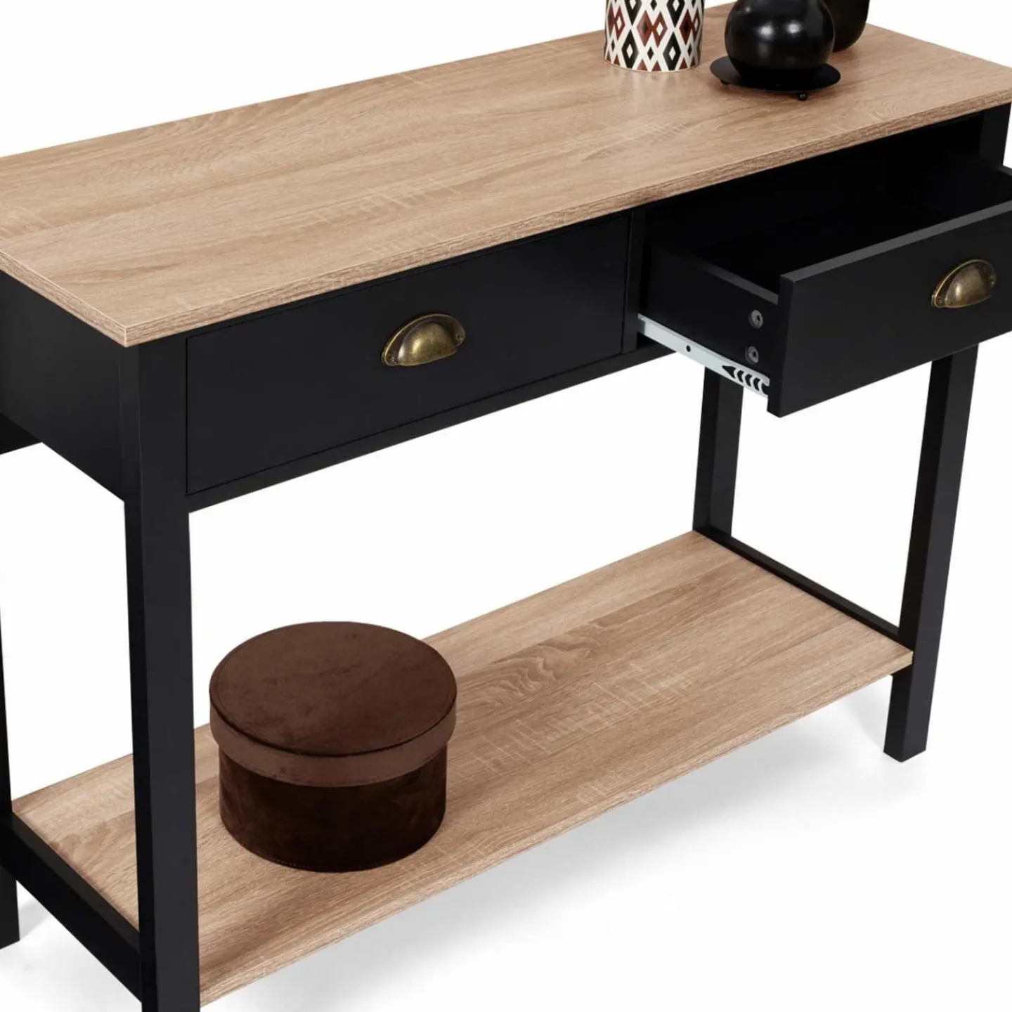 Console style campagne chic 2 tiroirs bois et noir*IDMarket Best