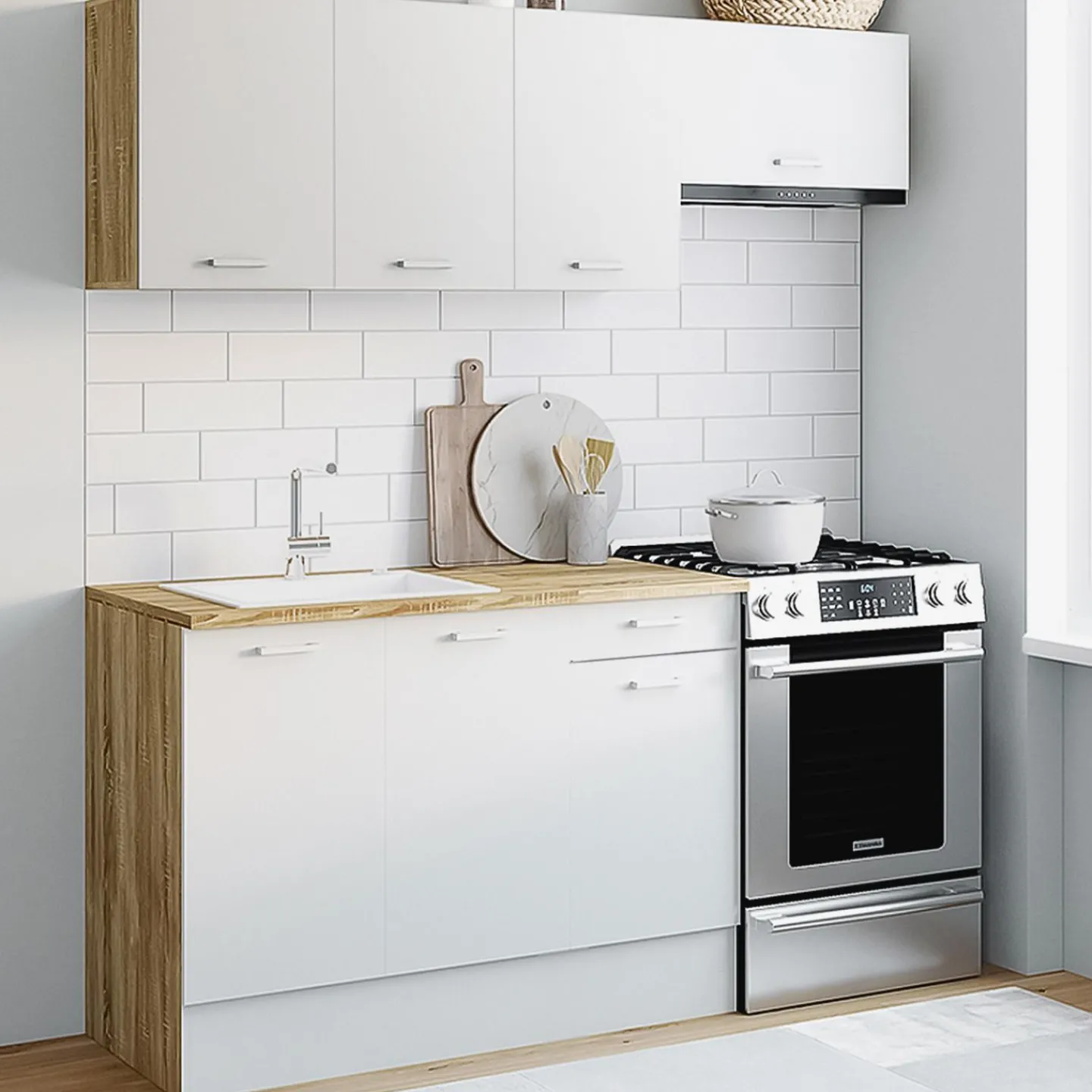 Cuisine complète 180 cm avec plan de travail bois et blanc*IDMarket Sale