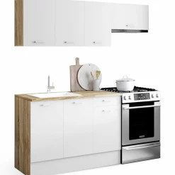 Cuisine complète 180 cm avec plan de travail bois et blanc*IDMarket Sale
