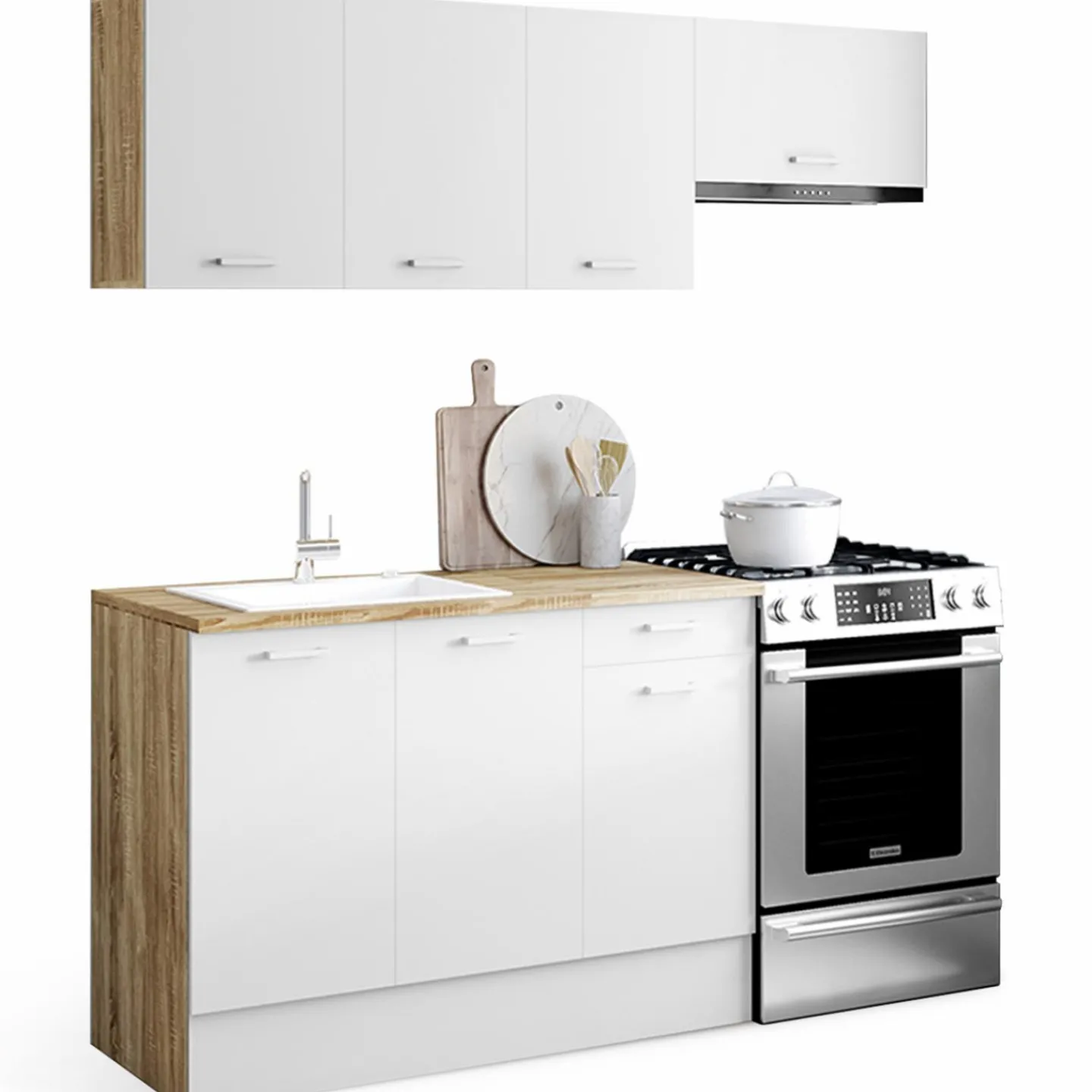 Cuisine complète 180 cm avec plan de travail bois et blanc*IDMarket Sale