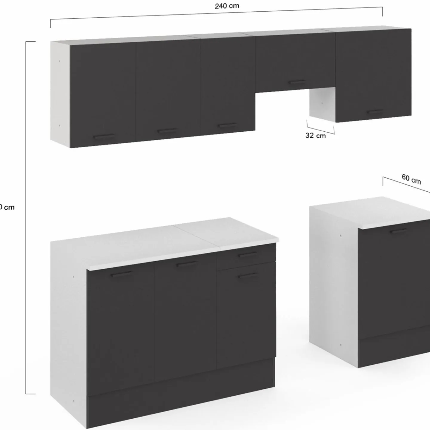 Cuisine complète 240 cm avec plan de travail blanc et gris*IDMarket Best