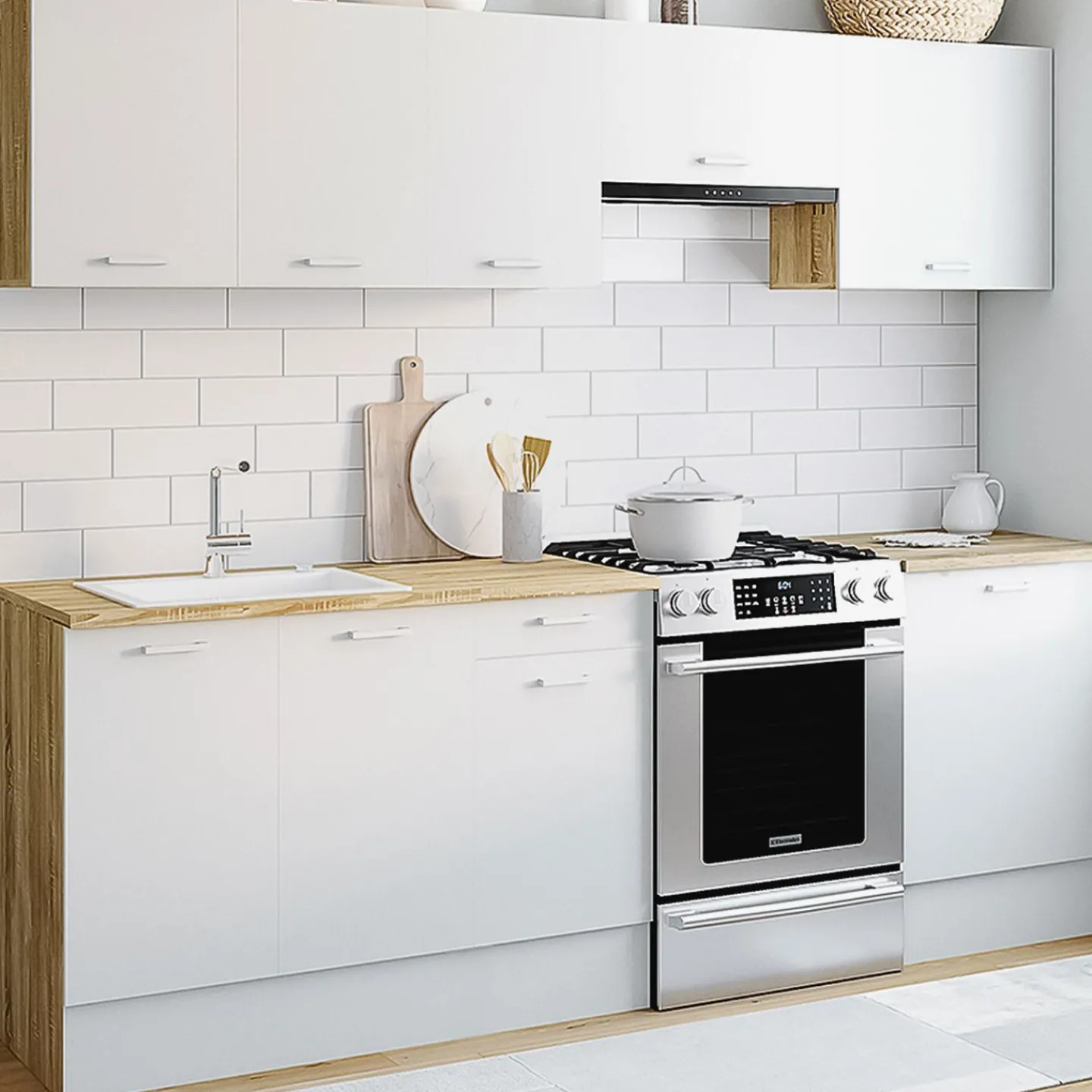 Cuisine complète 240 cm avec plan de travail bois et blanc*IDMarket New