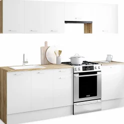 Cuisine complète 240 cm avec plan de travail bois et blanc*IDMarket New