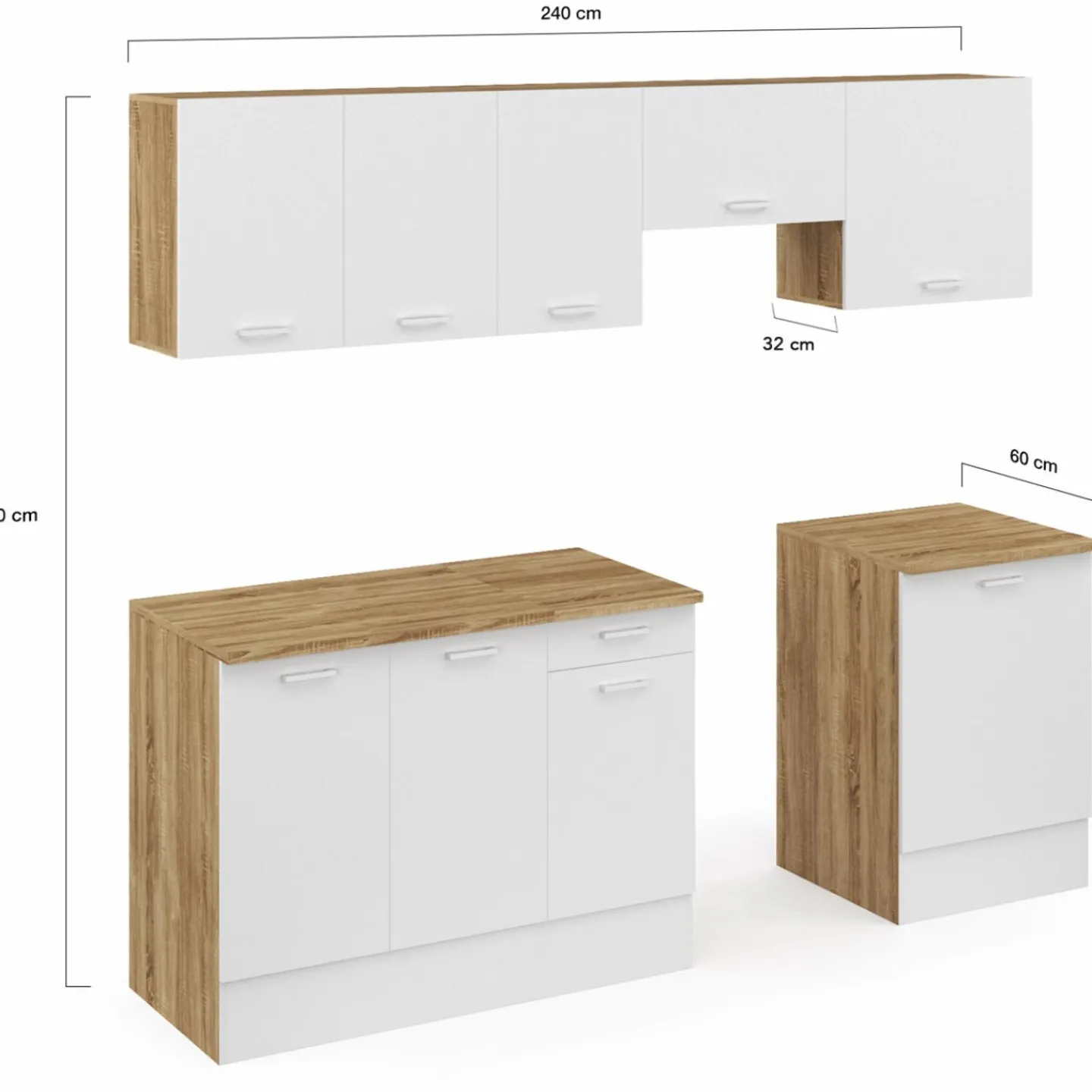 Cuisine complète 240 cm avec plan de travail bois et blanc*IDMarket New