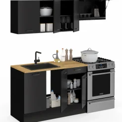 Cuisine complète 180 cm avec plan de travail bois et noir*IDMarket Best