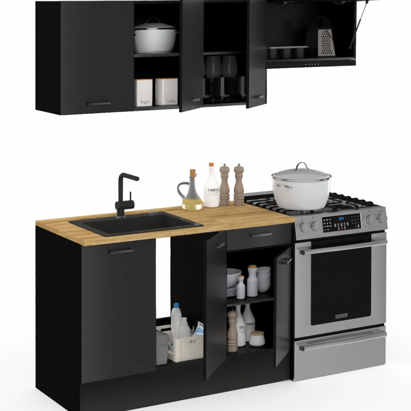 Cuisine complète 180 cm avec plan de travail bois et noir*IDMarket Best
