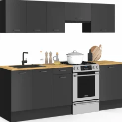 Cuisine complète 240 cm avec plan de travail bois et noir*IDMarket Outlet