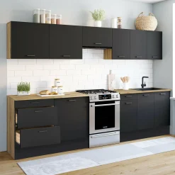 Cuisine complète bois et noir avec casserolier et plan de travail 9 éléments*IDMarket Best