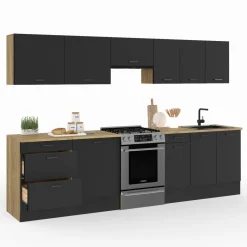 Cuisine complète bois et noir avec casserolier et plan de travail 9 éléments*IDMarket Best