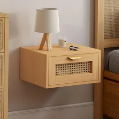 de 2 tables de chevet murables 1 tiroir étagère suspendue cannage et bois*IDMarket