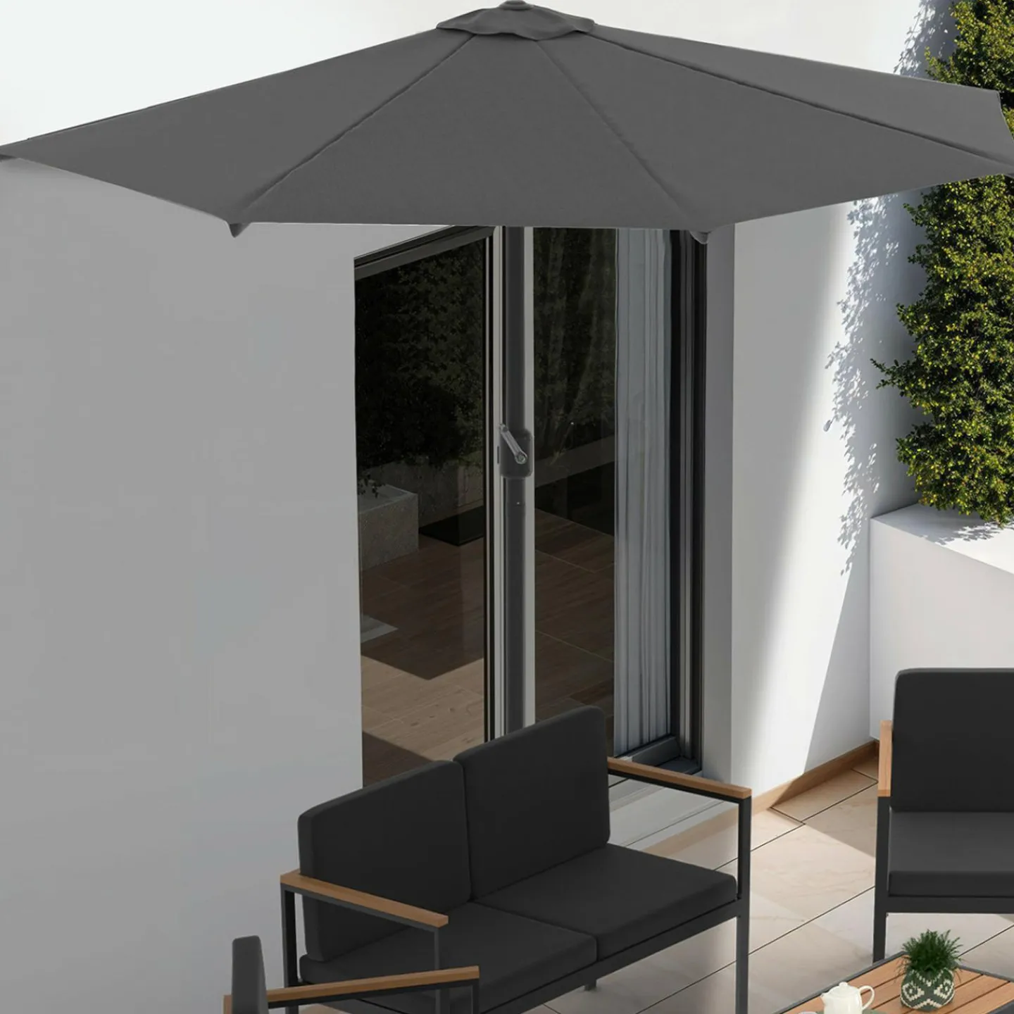 Demi parasol de balcon plage CORTE gris 2,7x1,35 M avec housse*IDMarket Online