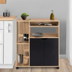 Desserte à roulettes bois façon hêtre et portes noires 76 cm*IDMarket Clearance