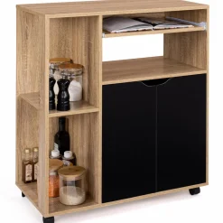 Desserte à roulettes bois façon hêtre et portes noires 76 cm*IDMarket Clearance