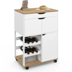 Desserte de cuisine à roulettes avec rangements et range-bouteilles bois blanc*IDMarket Online