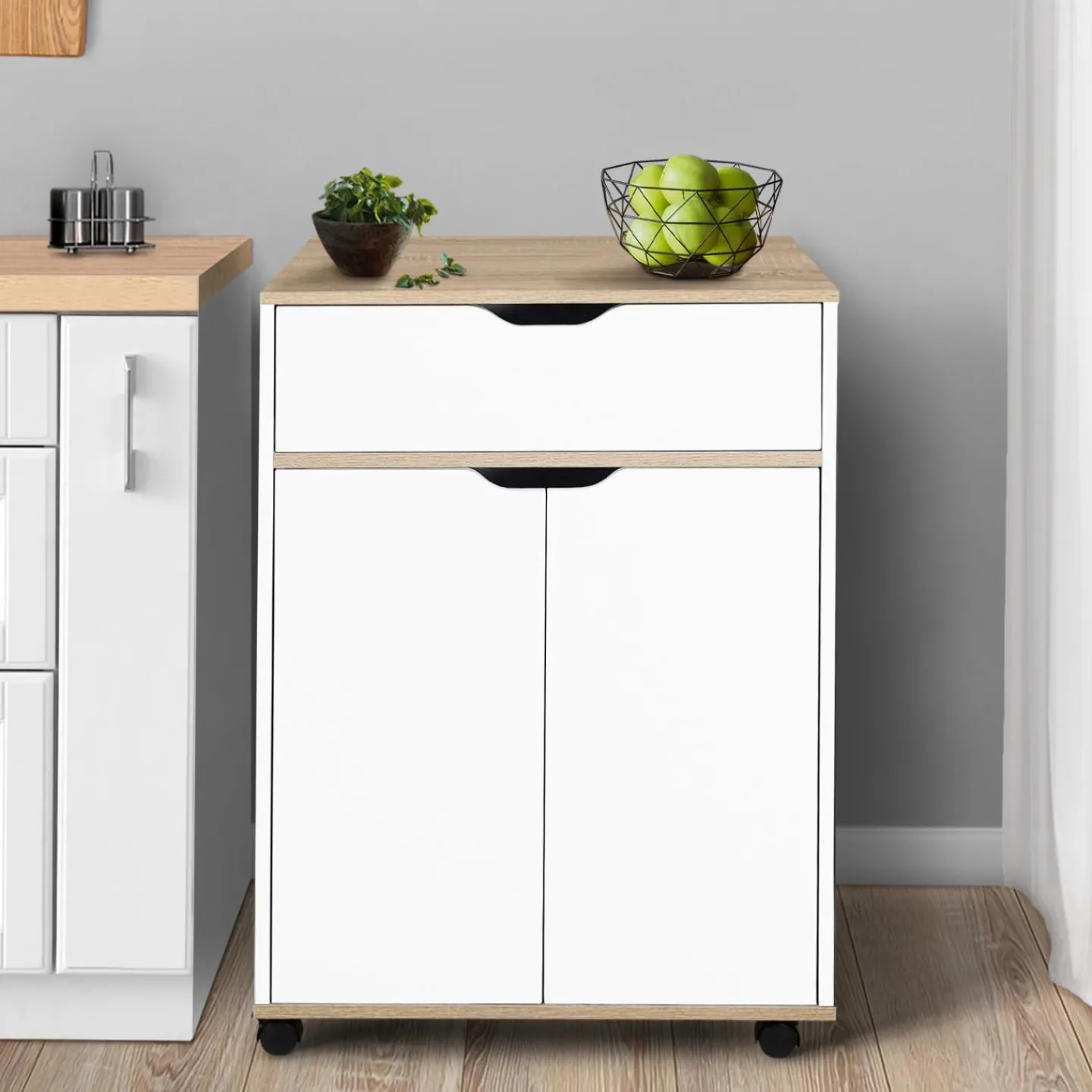 Desserte de cuisine bois blanc avec 1 grand placard + 1 tiroir*IDMarket Outlet