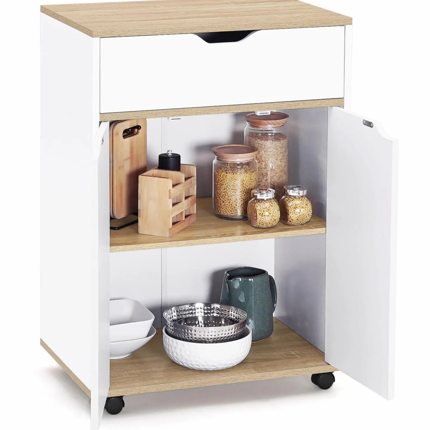 Desserte de cuisine bois blanc avec 1 grand placard + 1 tiroir*IDMarket Outlet