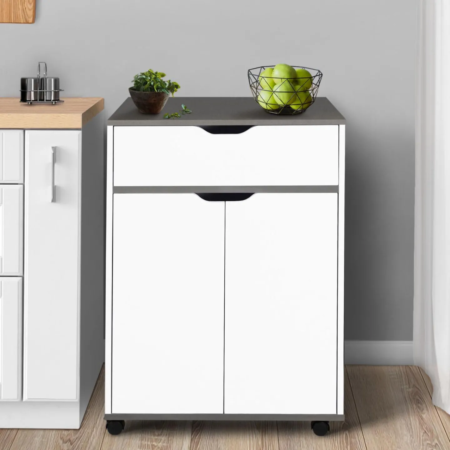 Desserte de cuisine bois blanc et plateaux gris*IDMarket