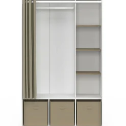 Dressing blanc avec penderie rideau taupe + étagères + boites de rangement*IDMarket Sale