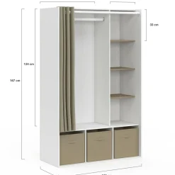 Dressing blanc avec penderie rideau taupe + étagères + boites de rangement*IDMarket Sale
