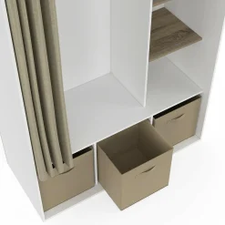 Dressing blanc avec penderie rideau taupe + étagères + boites de rangement*IDMarket Sale