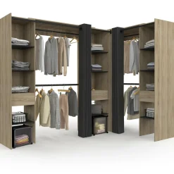 Dressing d'angle extensible bois effet hêtre avec 4 penderies + 12 étagères + 3 tiroirs et rideaux noirs*IDMarket Clearance