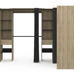 Dressing d'angle extensible bois effet hêtre avec 4 penderies + 12 étagères + 3 tiroirs et rideaux noirs*IDMarket Clearance