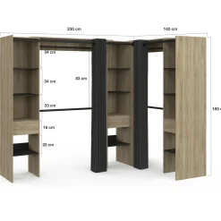 Dressing d'angle extensible bois effet hêtre avec 4 penderies + 12 étagères + 3 tiroirs et rideaux noirs*IDMarket Clearance