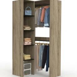 Dressing d'angle modulable L. 90 / 127 cm double penderie + étagères bois et noir*IDMarket Online