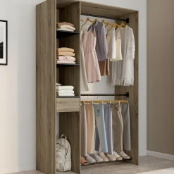 Dressing double penderie L. 110 cm avec étagères + tiroir + rangements à chaussures hêtre et noir*IDMarket