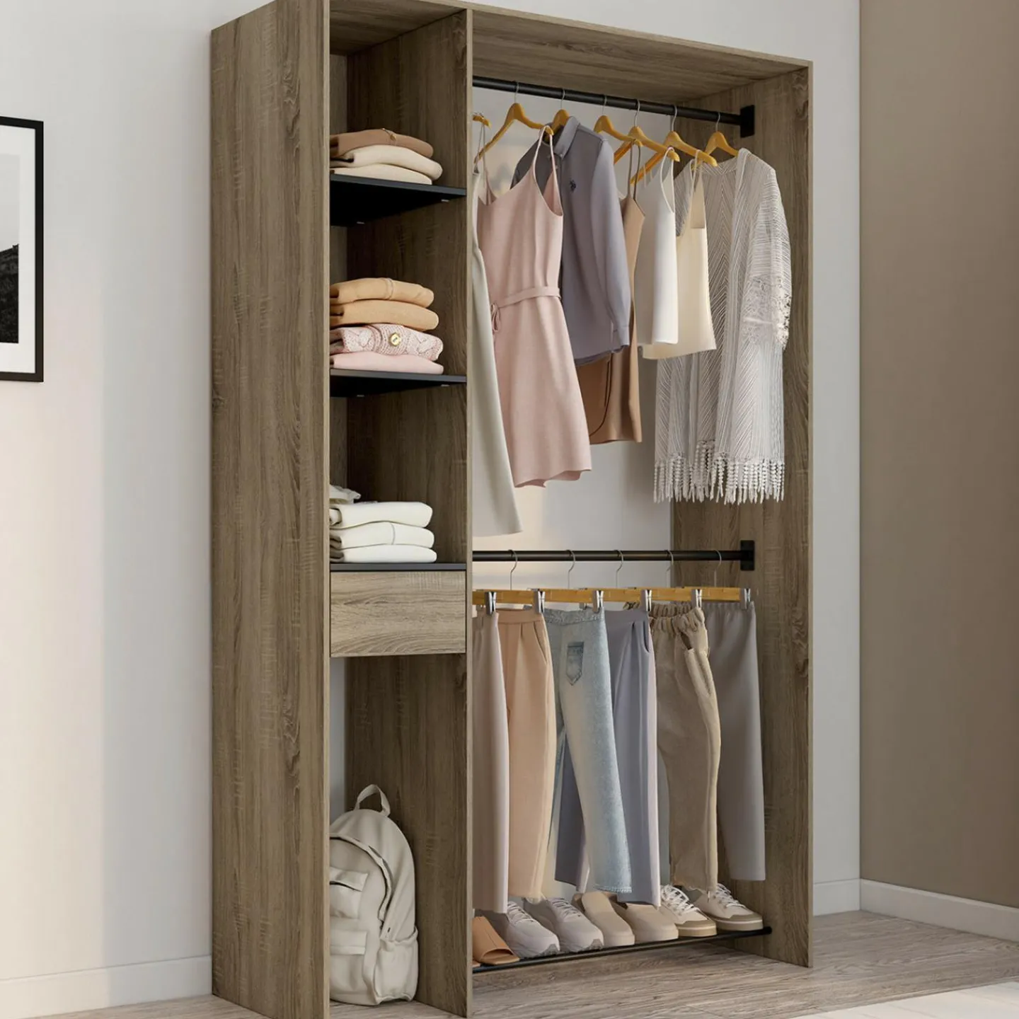 Dressing double penderie L. 110 cm avec étagères + tiroir + rangements à chaussures hêtre et noir*IDMarket